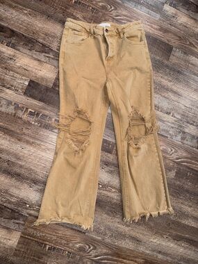 Women's Tan Distressed Cropped Jeans with Frayed Hem